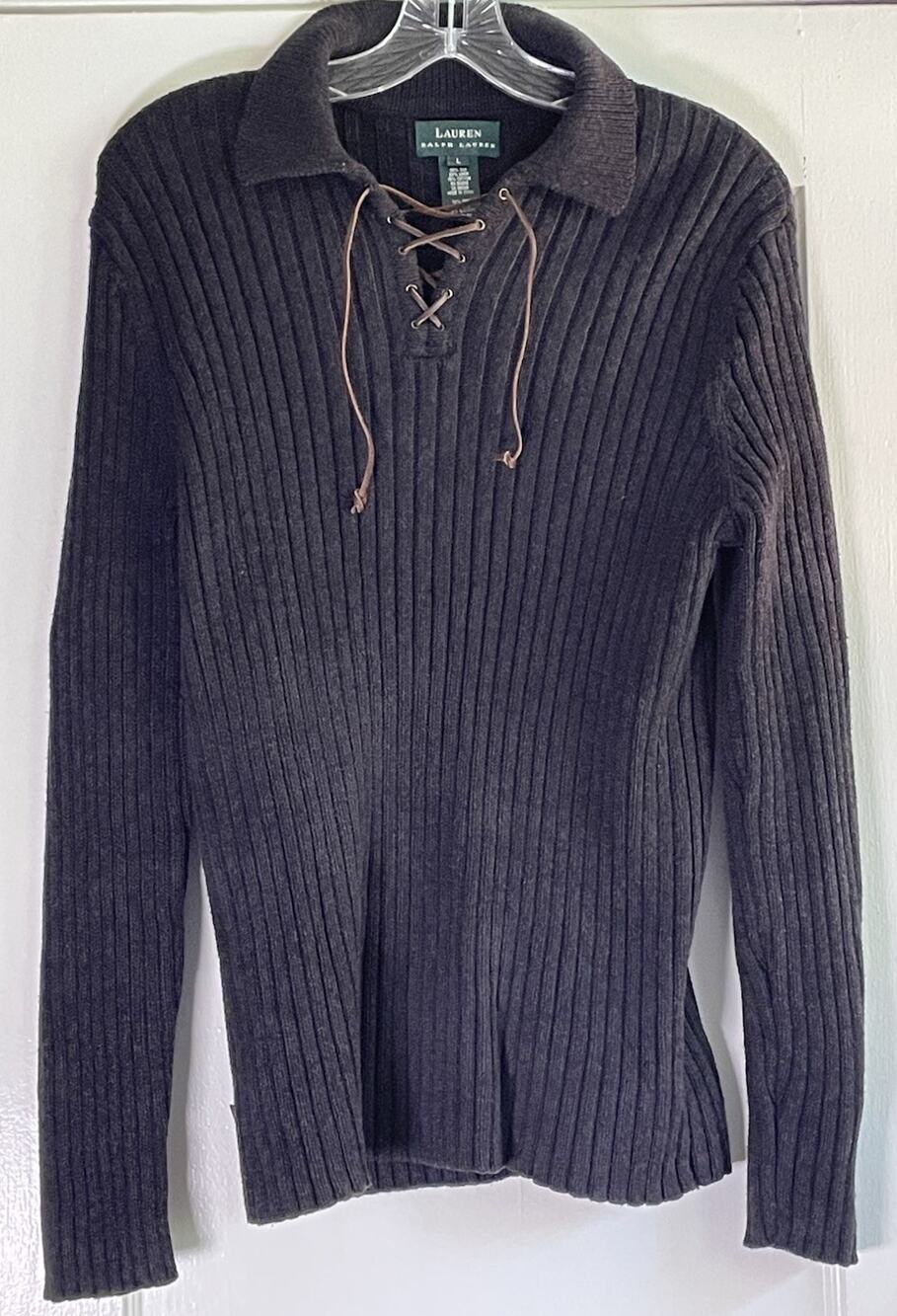Lauren Ralph Lauren Sweater Womans L Fisherman Silk Linen Cotton Leather Tie